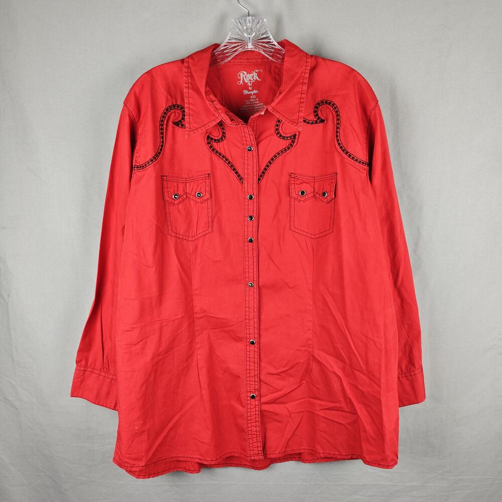 Rock 47 Wrangler Shirt Mens 2XL Red Western Embroidered Snap Graphic Long Sleeve